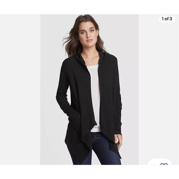 Splendid S Black Waffle Knit Thermal Hooded Cardigan - Picture 3 of 8